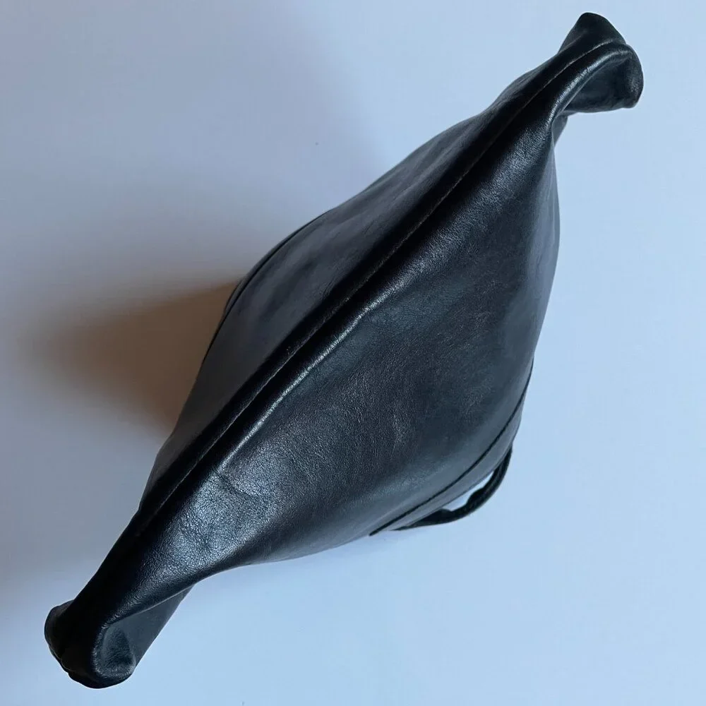 Vintage Black Genuine Leather Double Hinged Clutch with Cut Out Handle